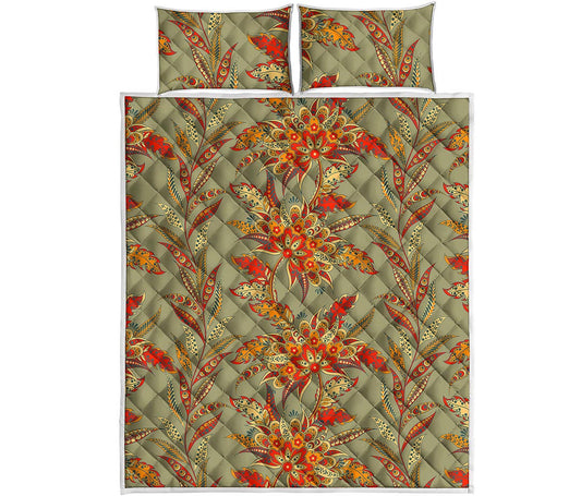 Vintage Orange Bohemian Floral Print Quilt Bed Set