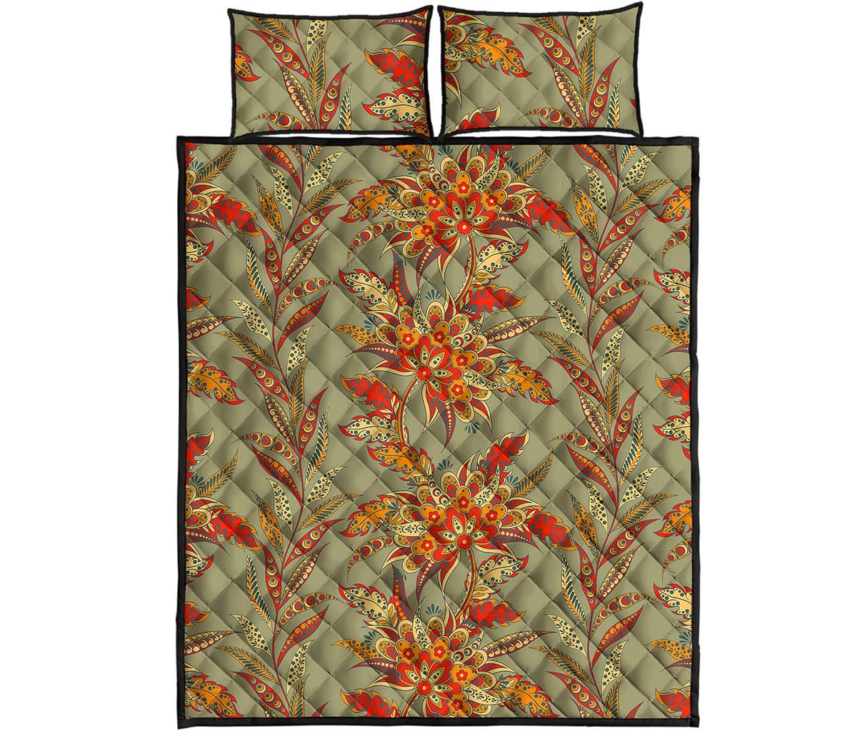 Vintage Orange Bohemian Floral Print Quilt Bed Set