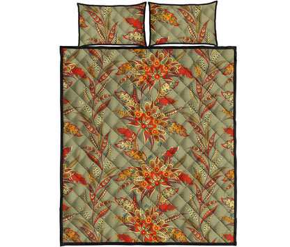 Vintage Orange Bohemian Floral Print Quilt Bed Set