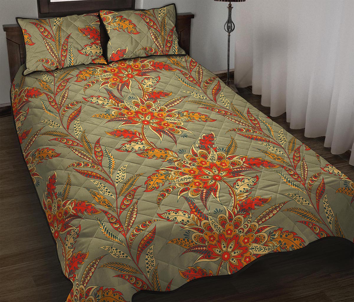 Vintage Orange Bohemian Floral Print Quilt Bed Set