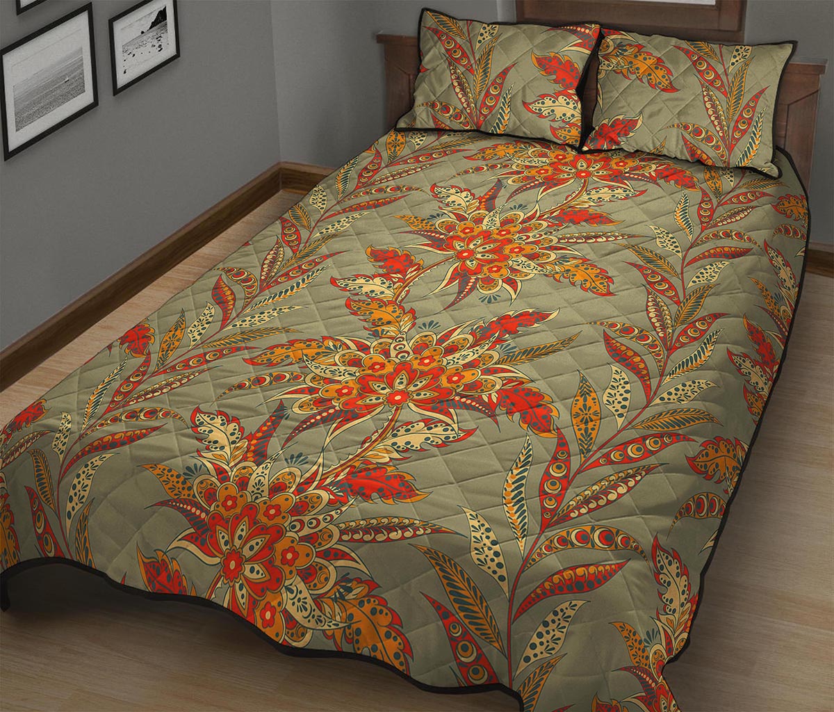 Vintage Orange Bohemian Floral Print Quilt Bed Set