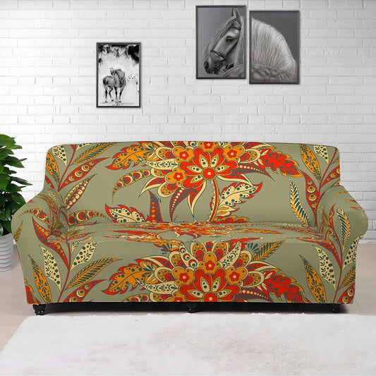 Vintage Orange Bohemian Floral Print Sofa Cover