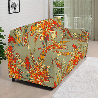 Vintage Orange Bohemian Floral Print Sofa Cover
