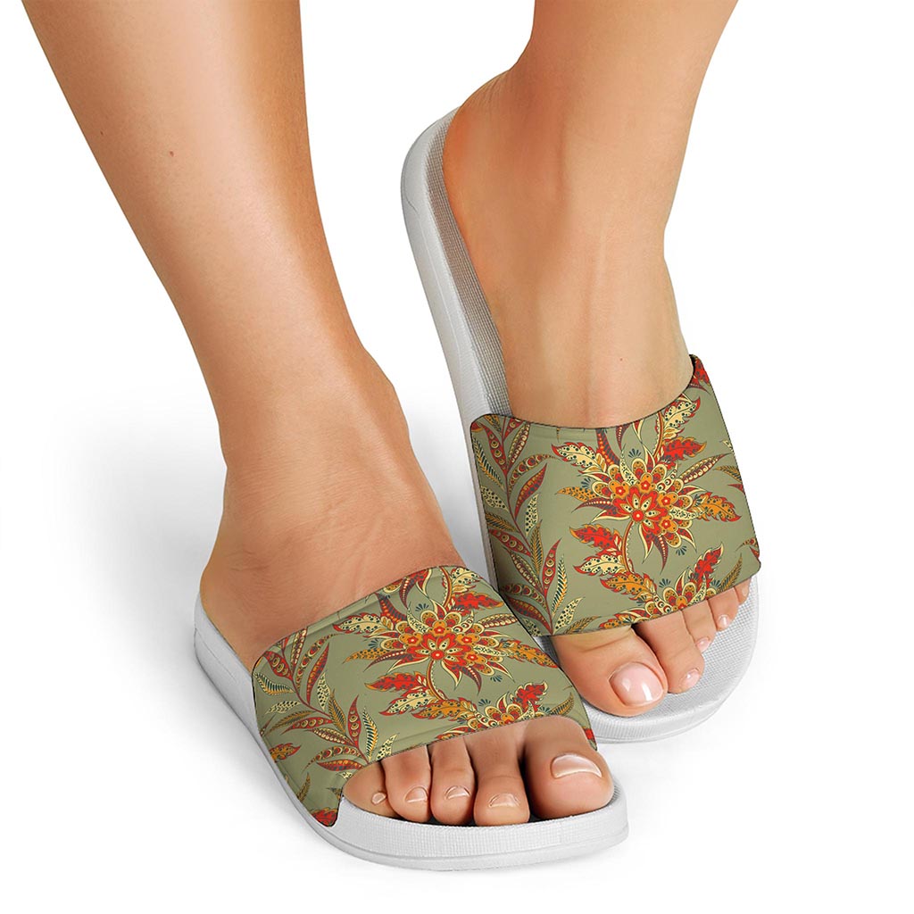 Vintage Orange Bohemian Floral Print White Slide Sandals