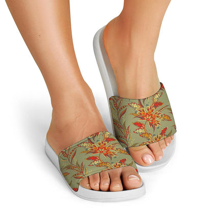 Vintage Orange Bohemian Floral Print White Slide Sandals