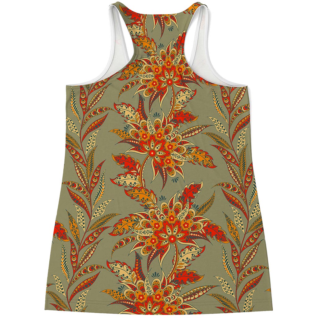 Vintage Orange Bohemian Floral Print Women's Racerback Tank Top