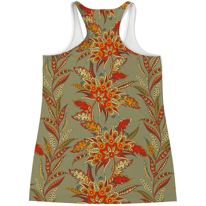 Vintage Orange Bohemian Floral Print Women's Racerback Tank Top