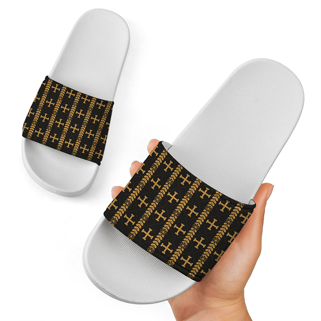 Vintage Orthodox Pattern Print White Slide Sandals