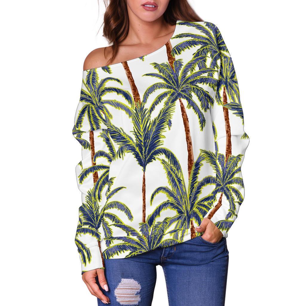 Vintage Palm Tree Beach Pattern Print Off Shoulder Sweatshirt GearFrost