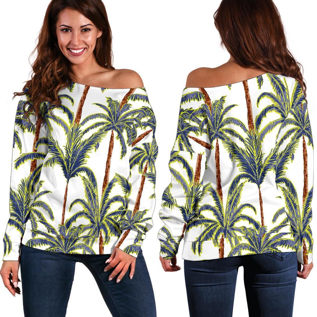 Vintage Palm Tree Beach Pattern Print Off Shoulder Sweatshirt GearFrost