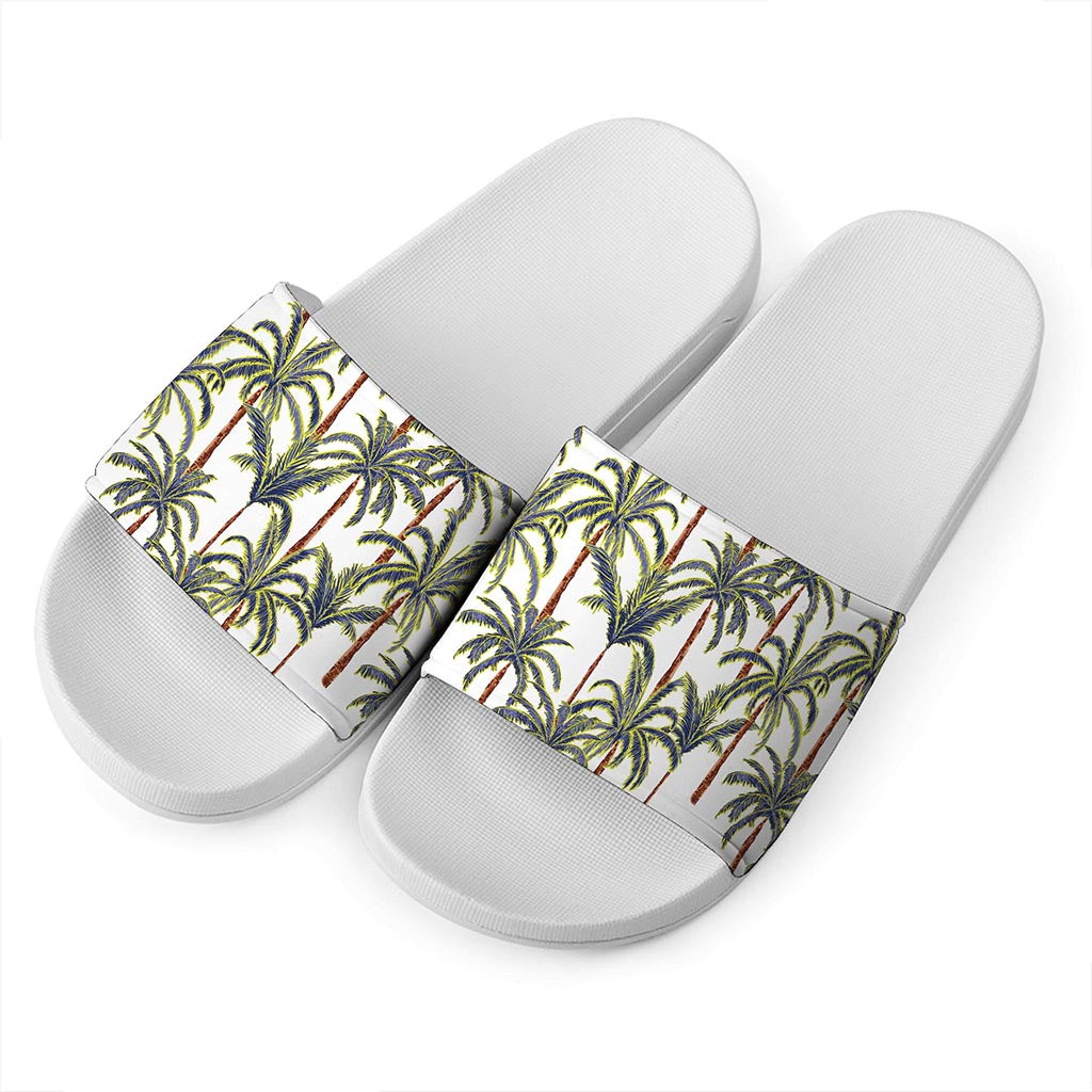 Vintage Palm Tree Beach Pattern Print White Slide Sandals