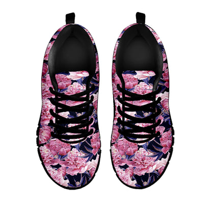 Vintage Pink Peony Floral Print Black Sneakers