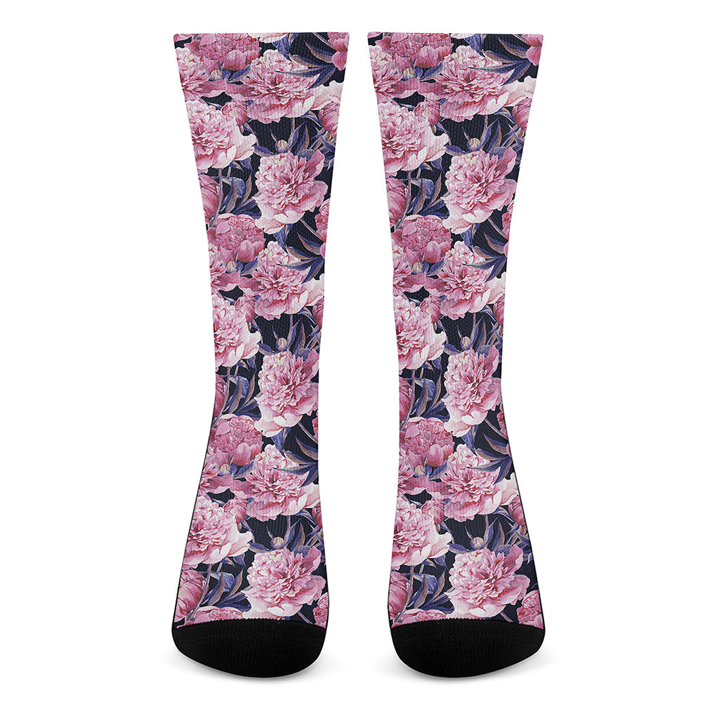 Vintage Pink Peony Floral Print Crew Socks