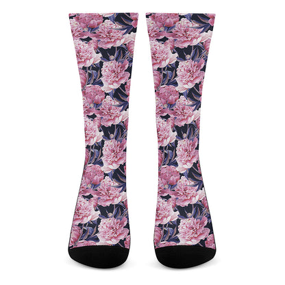 Vintage Pink Peony Floral Print Crew Socks