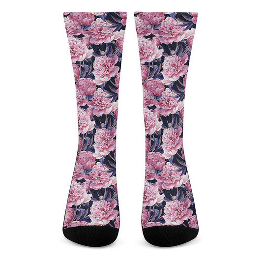 Vintage Pink Peony Floral Print Crew Socks
