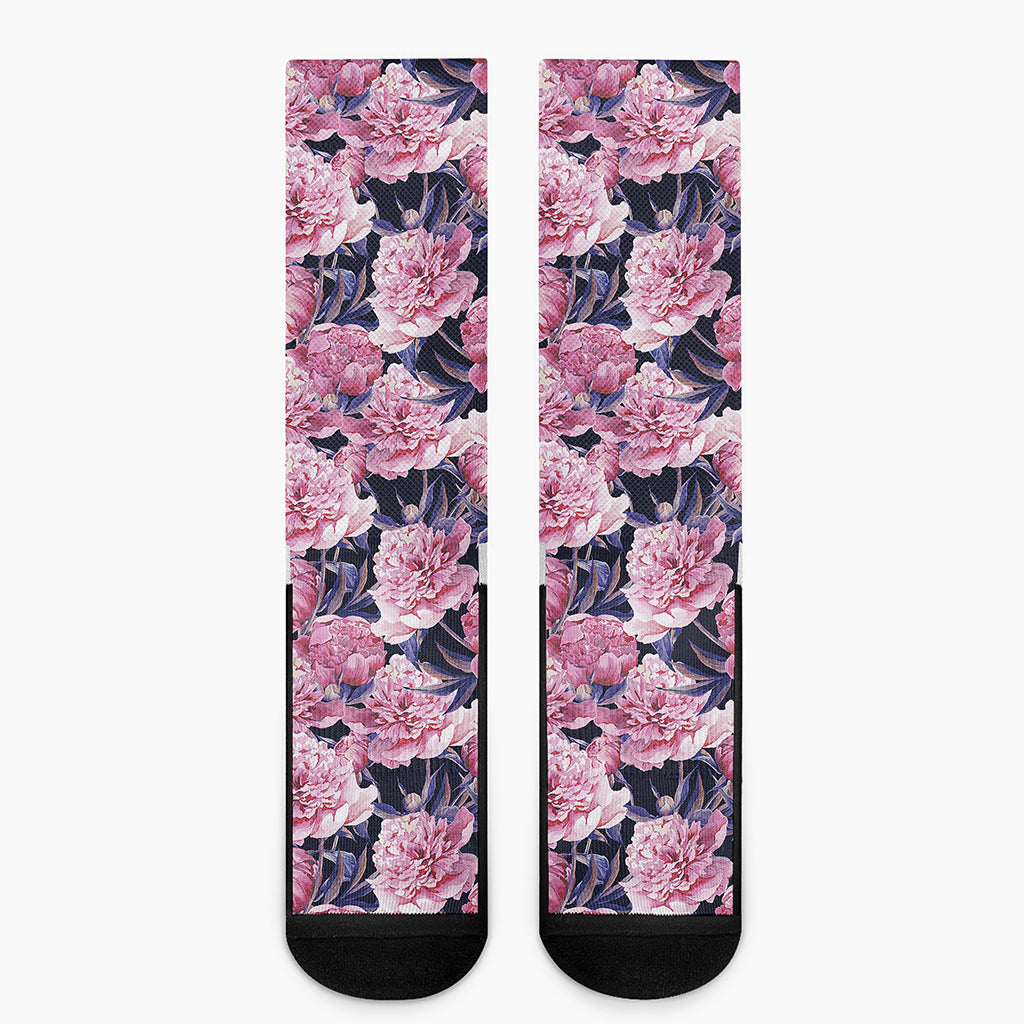 Vintage Pink Peony Floral Print Crew Socks