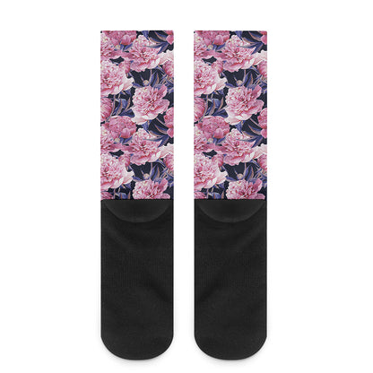 Vintage Pink Peony Floral Print Crew Socks