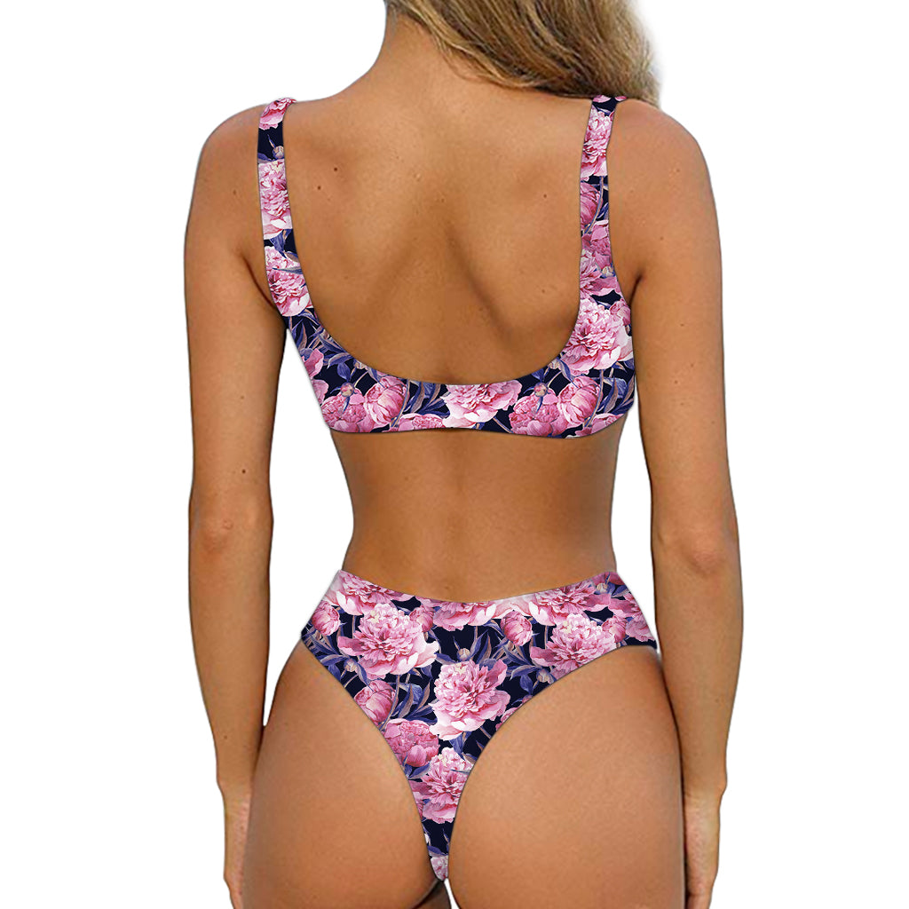 Vintage Pink Peony Floral Print Front Bow Tie Bikini