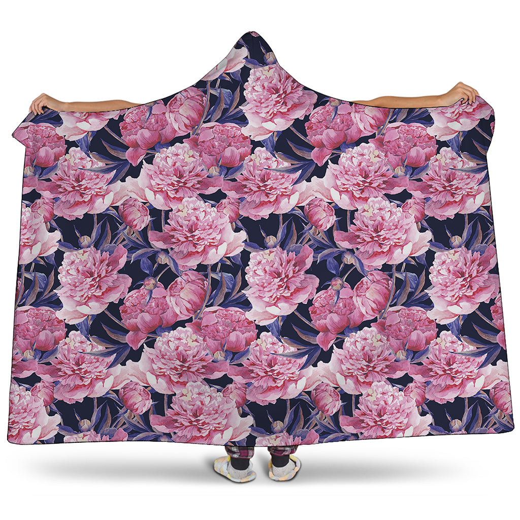 Vintage Pink Peony Floral Print Hooded Blanket