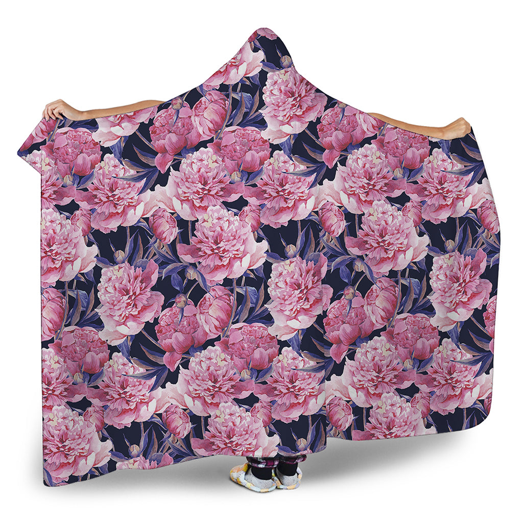Vintage Pink Peony Floral Print Hooded Blanket