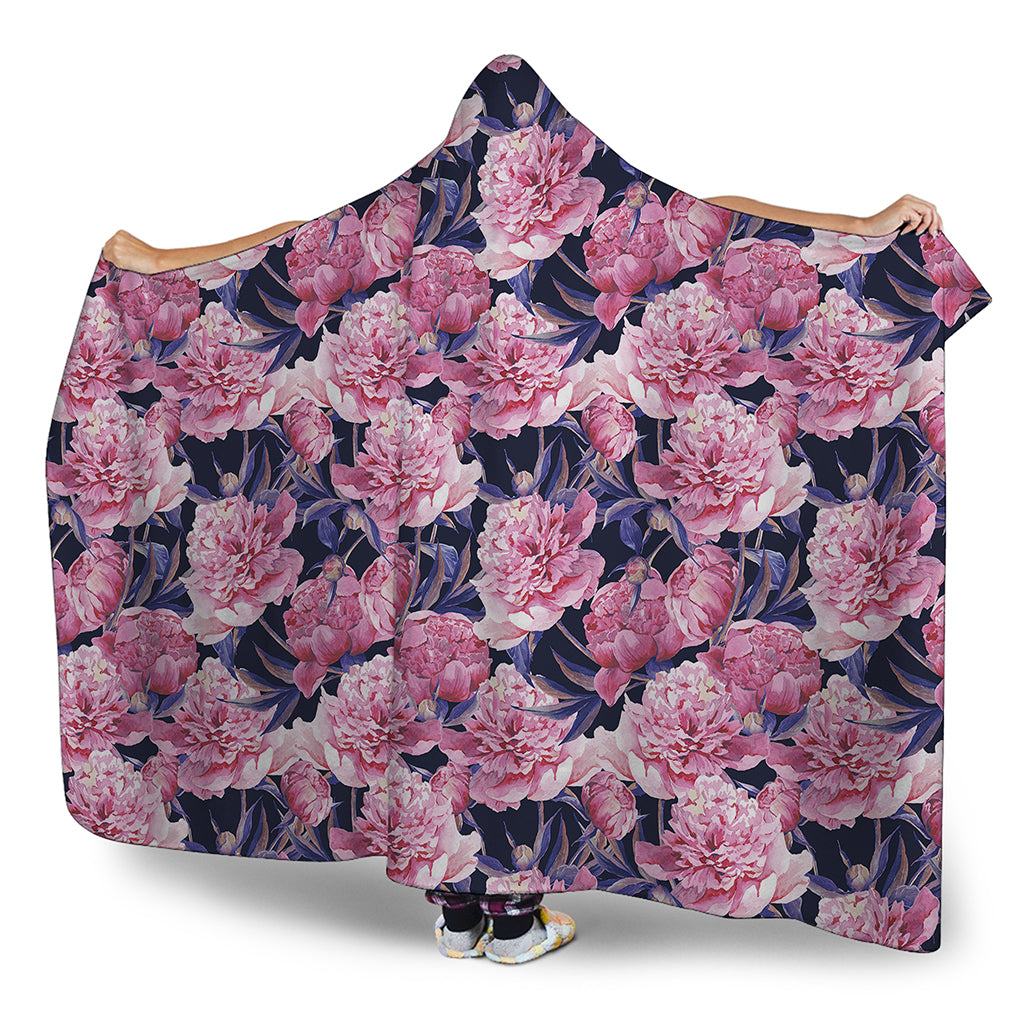 Vintage Pink Peony Floral Print Hooded Blanket