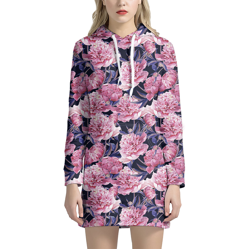 Vintage Pink Peony Floral Print Hoodie Dress
