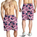 Vintage Pink Peony Floral Print Men's Shorts