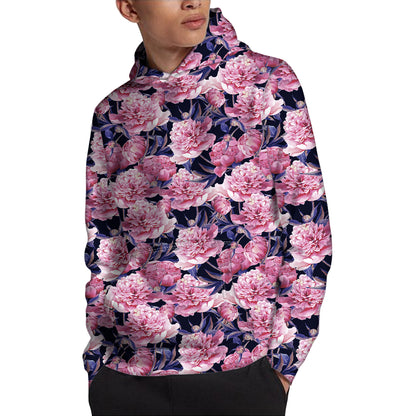 Vintage Pink Peony Floral Print Pullover Hoodie