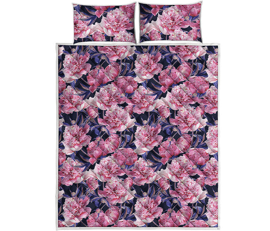 Vintage Pink Peony Floral Print Quilt Bed Set