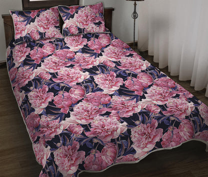 Vintage Pink Peony Floral Print Quilt Bed Set