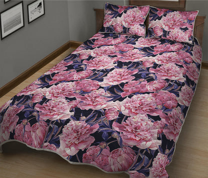 Vintage Pink Peony Floral Print Quilt Bed Set