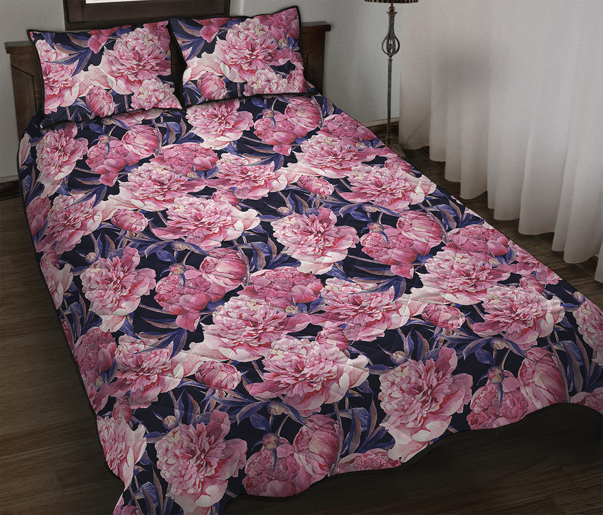 Vintage Pink Peony Floral Print Quilt Bed Set
