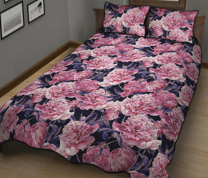 Vintage Pink Peony Floral Print Quilt Bed Set