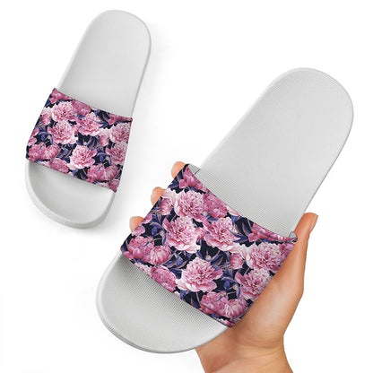 Vintage Pink Peony Floral Print White Slide Sandals