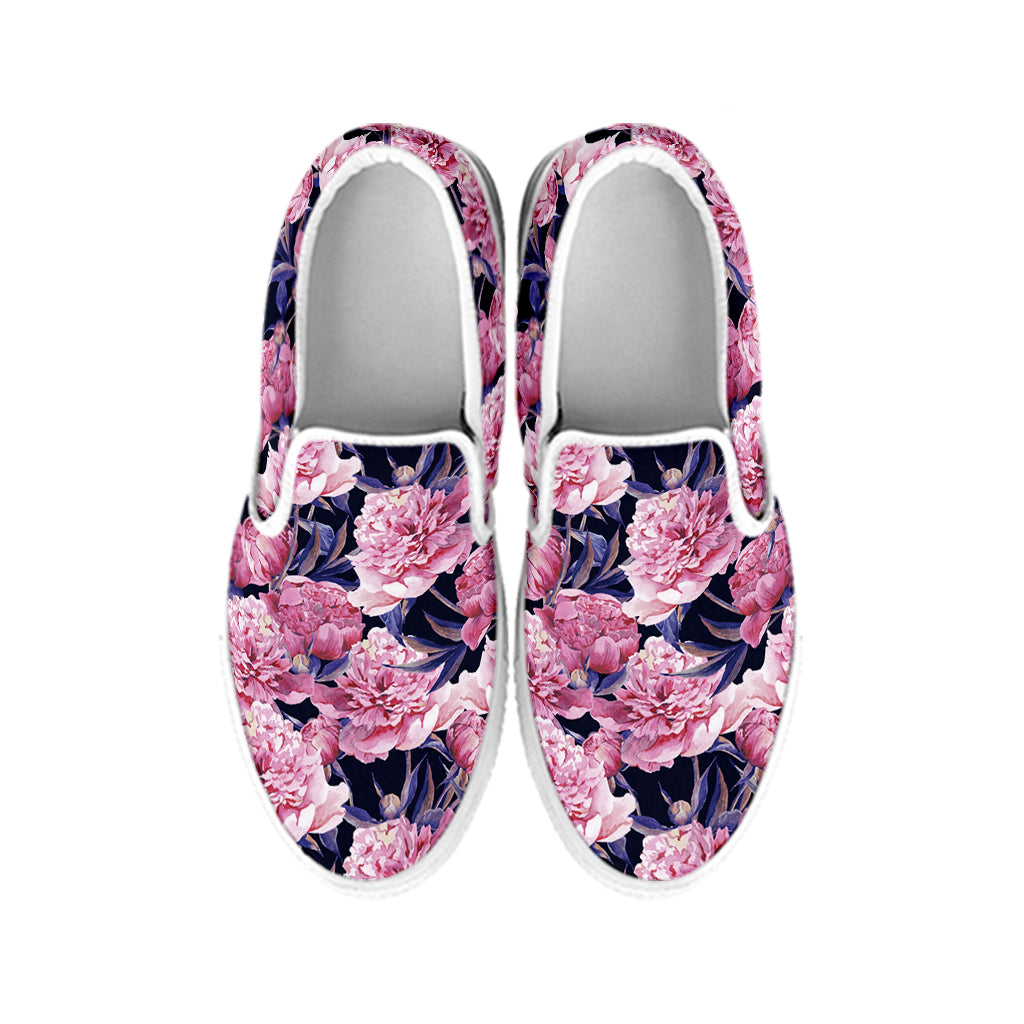 Vintage Pink Peony Floral Print White Slip On Shoes