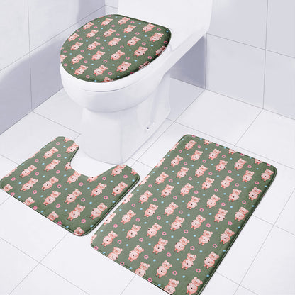 Vintage Pink Pig Pattern Print 3 Piece Bath Mat Set