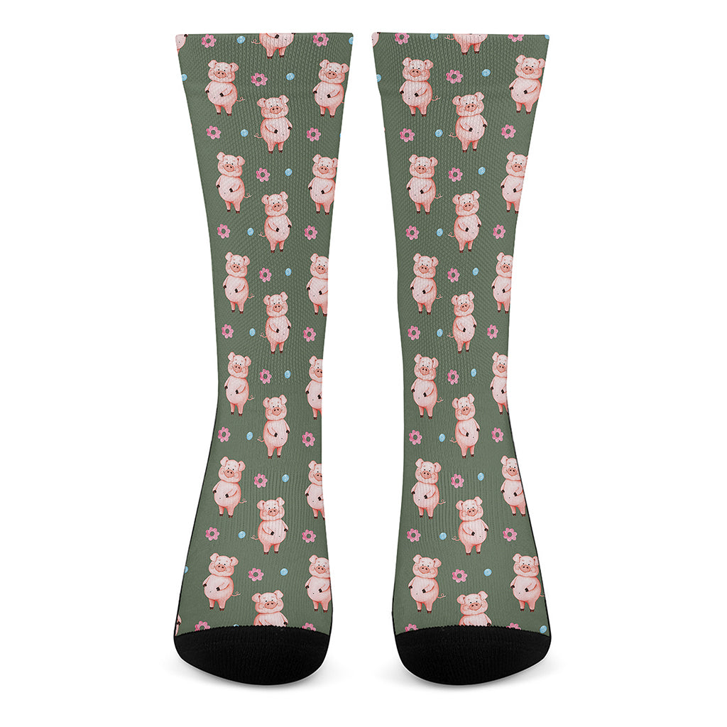 Vintage Pink Pig Pattern Print Crew Socks