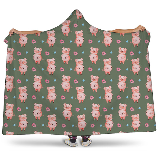Vintage Pink Pig Pattern Print Hooded Blanket