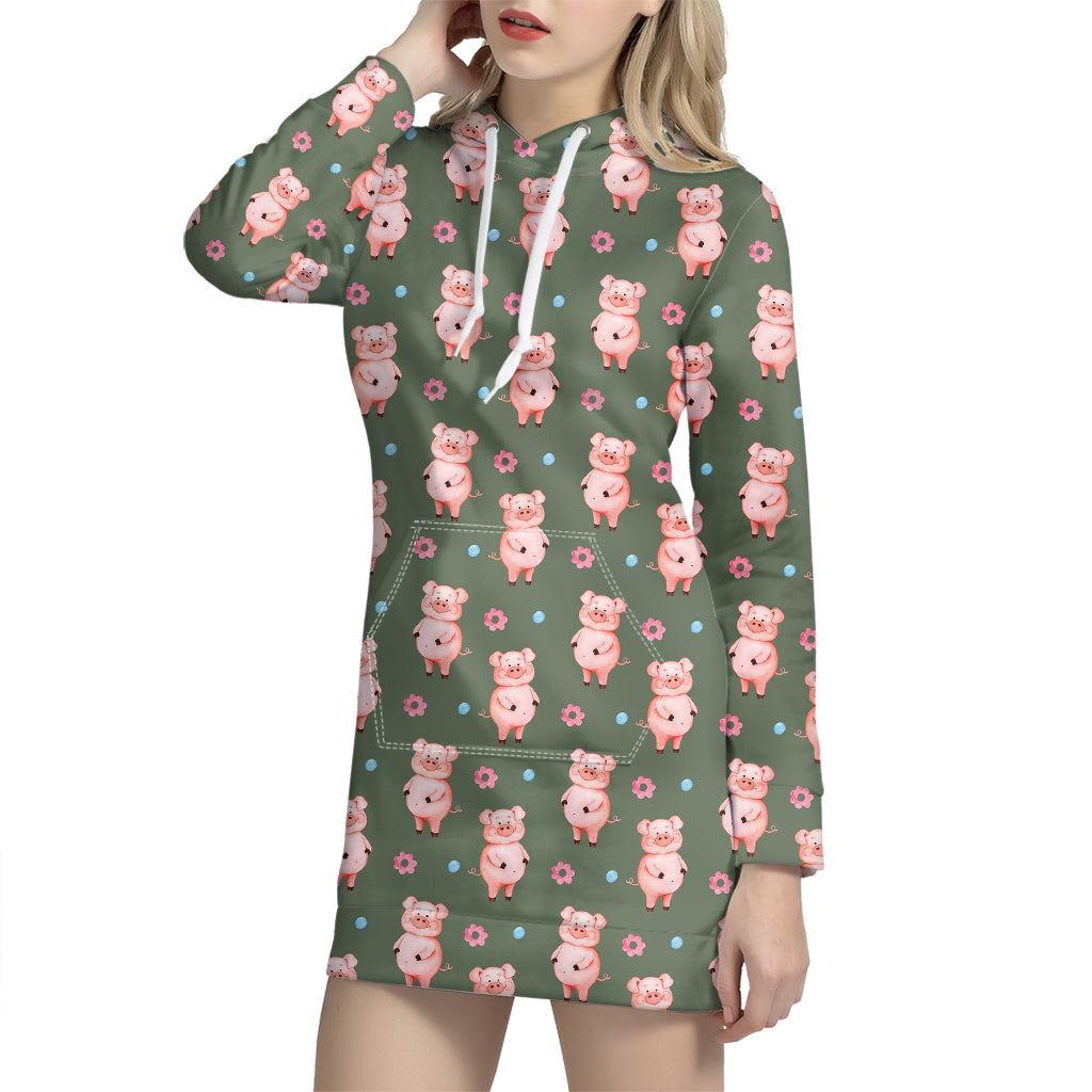 Vintage Pink Pig Pattern Print Hoodie Dress