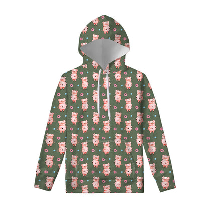 Vintage Pink Pig Pattern Print Pullover Hoodie