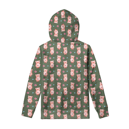 Vintage Pink Pig Pattern Print Pullover Hoodie