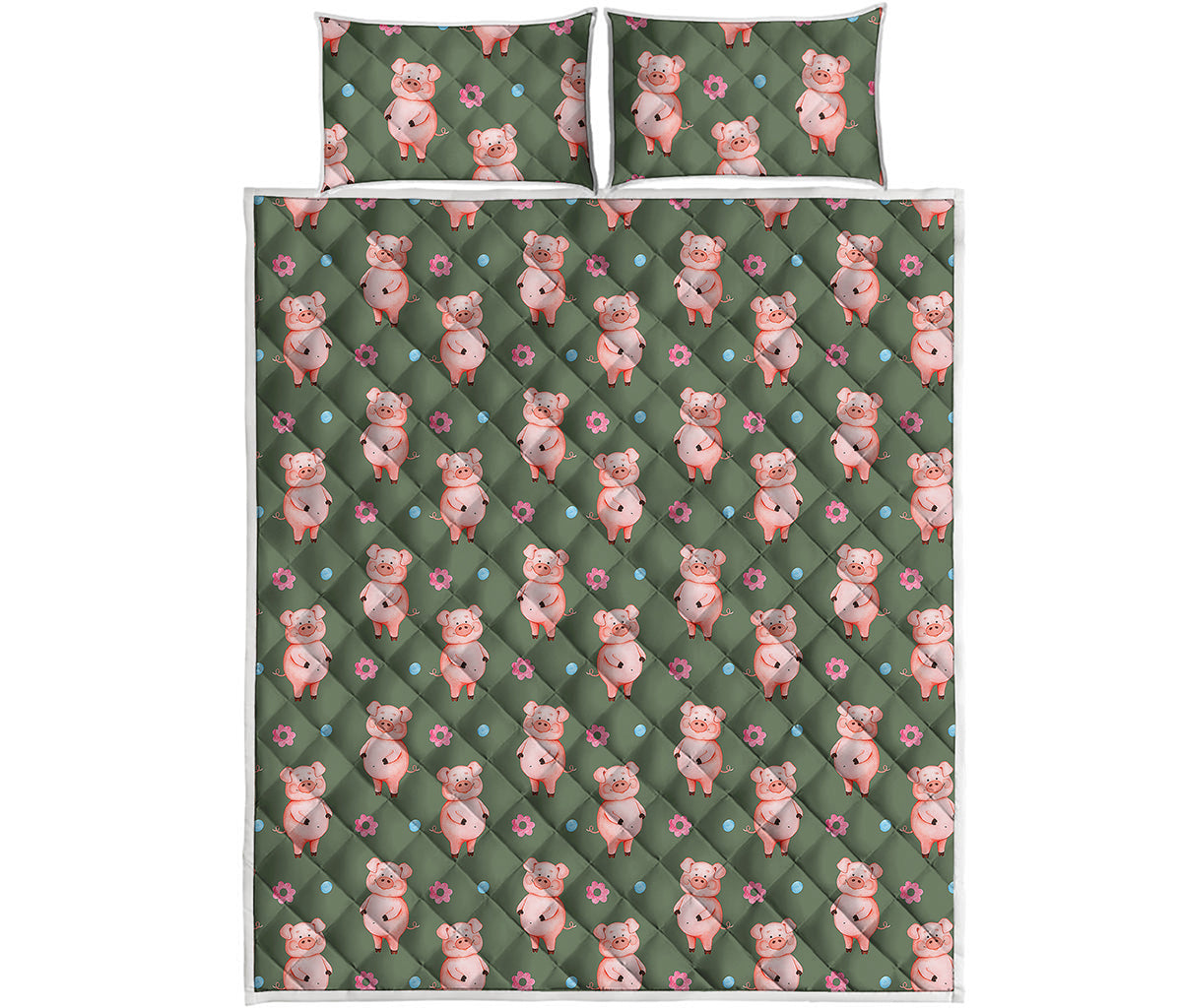 Vintage Pink Pig Pattern Print Quilt Bed Set