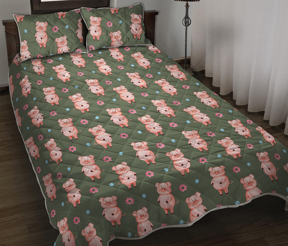 Vintage Pink Pig Pattern Print Quilt Bed Set