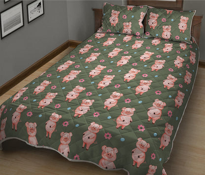 Vintage Pink Pig Pattern Print Quilt Bed Set