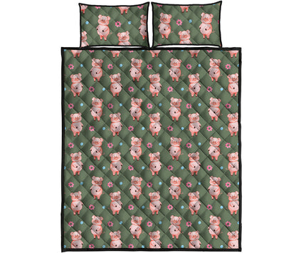 Vintage Pink Pig Pattern Print Quilt Bed Set