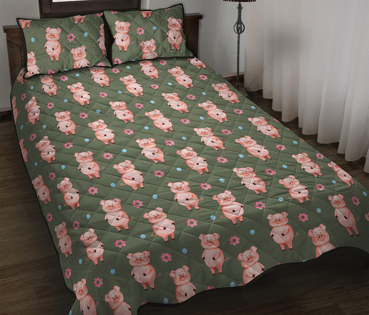 Vintage Pink Pig Pattern Print Quilt Bed Set
