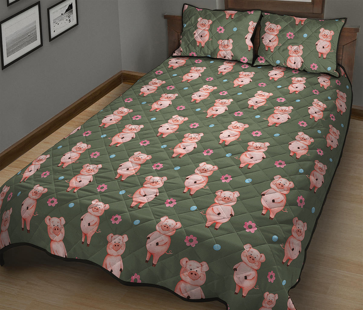Vintage Pink Pig Pattern Print Quilt Bed Set