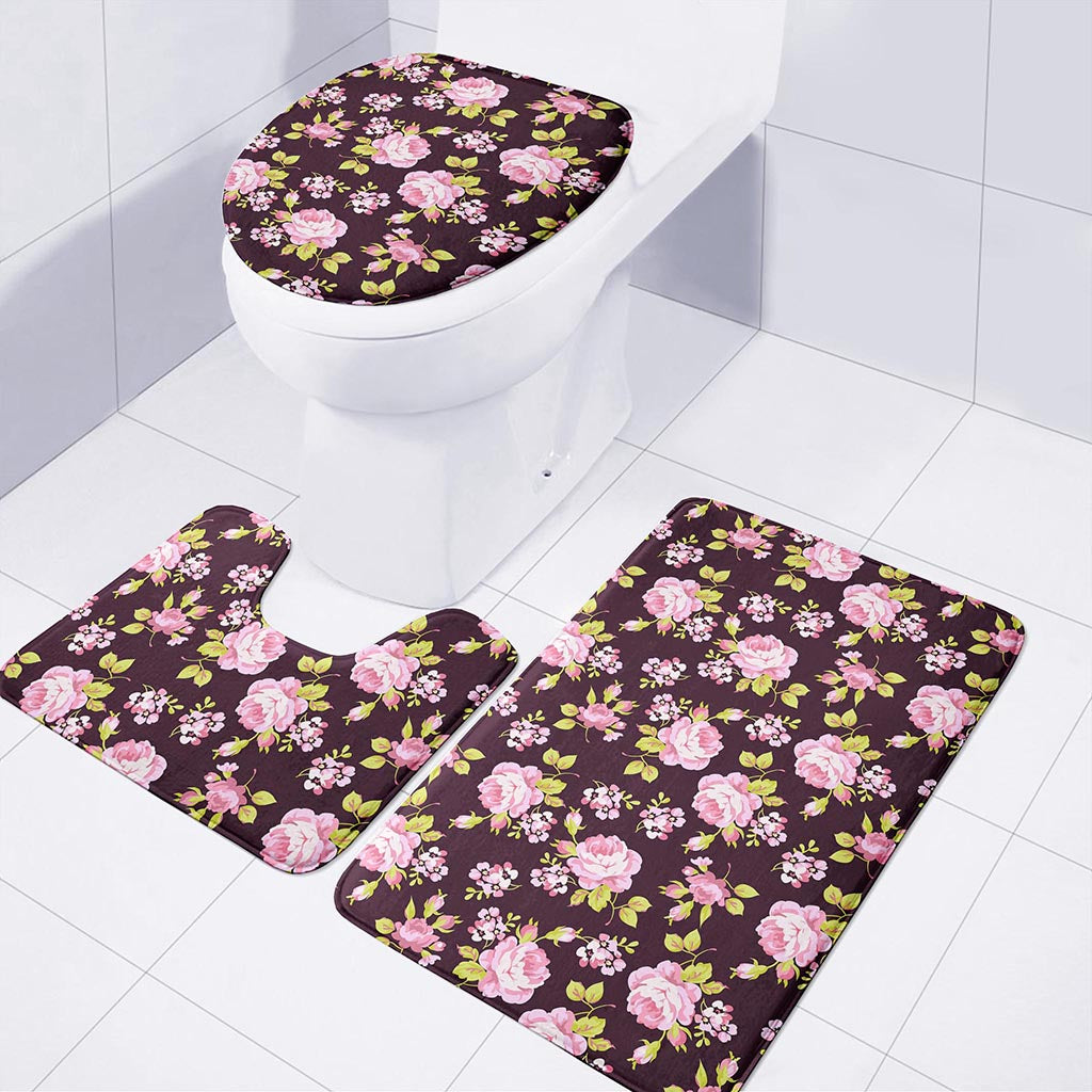 Vintage Pink Rose Floral Pattern Print 3 Piece Bath Mat Set