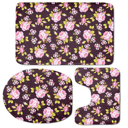 Vintage Pink Rose Floral Pattern Print 3 Piece Bath Mat Set