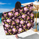 Vintage Pink Rose Floral Pattern Print Beach Sarong Wrap